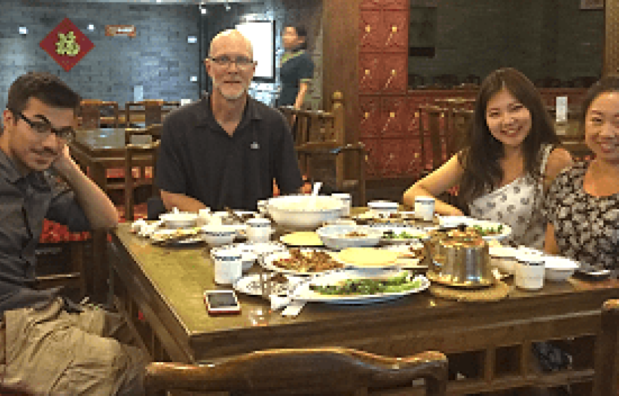Niall Chithelen, Prof. Allen Carlson, Clara Lee, and Robin Zhang at Lao She's Tea House