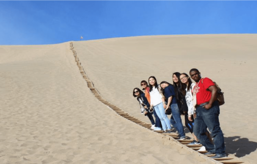 People standing on a sand dune